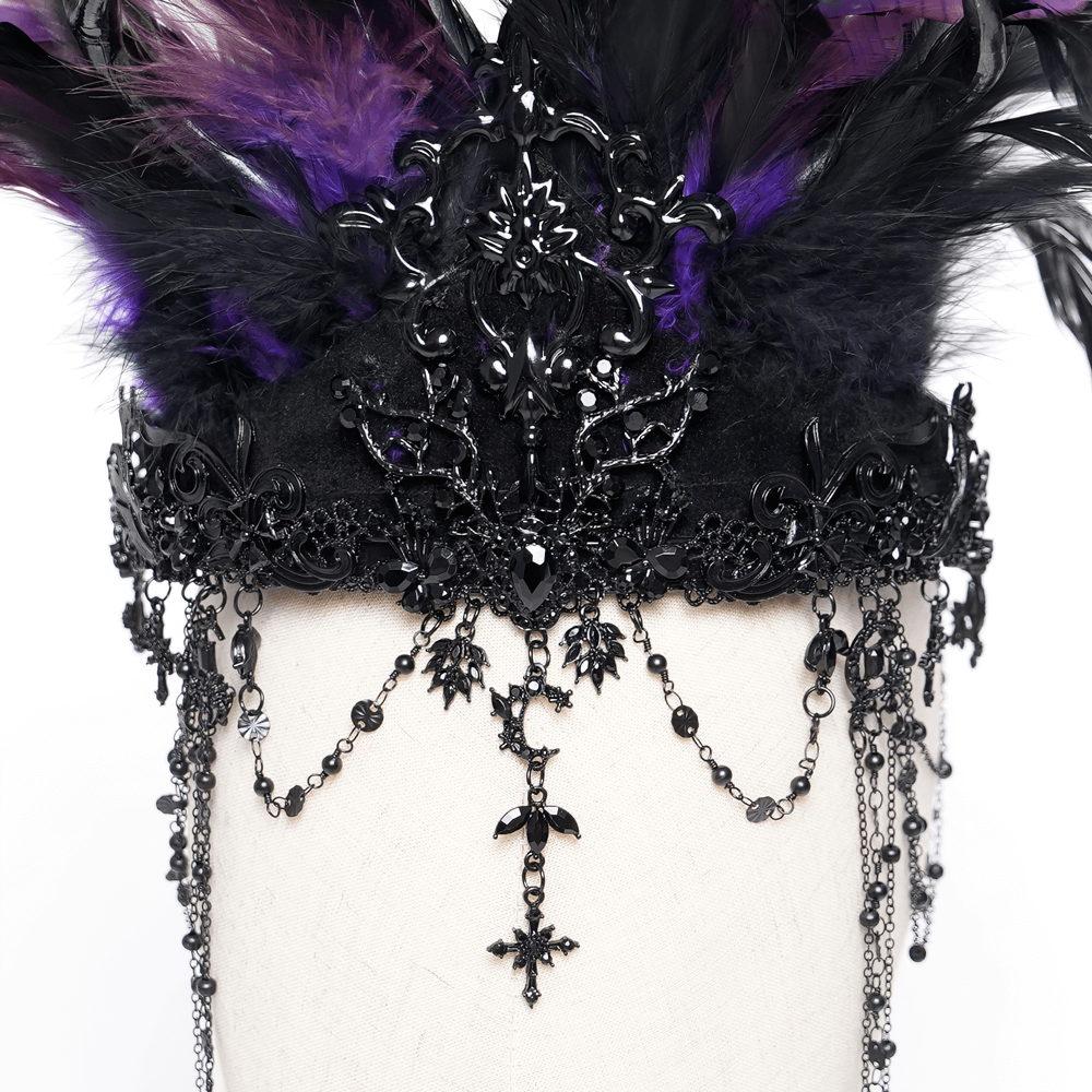 Gothic Feathered Headpiece with Chain and Cross Ornaments