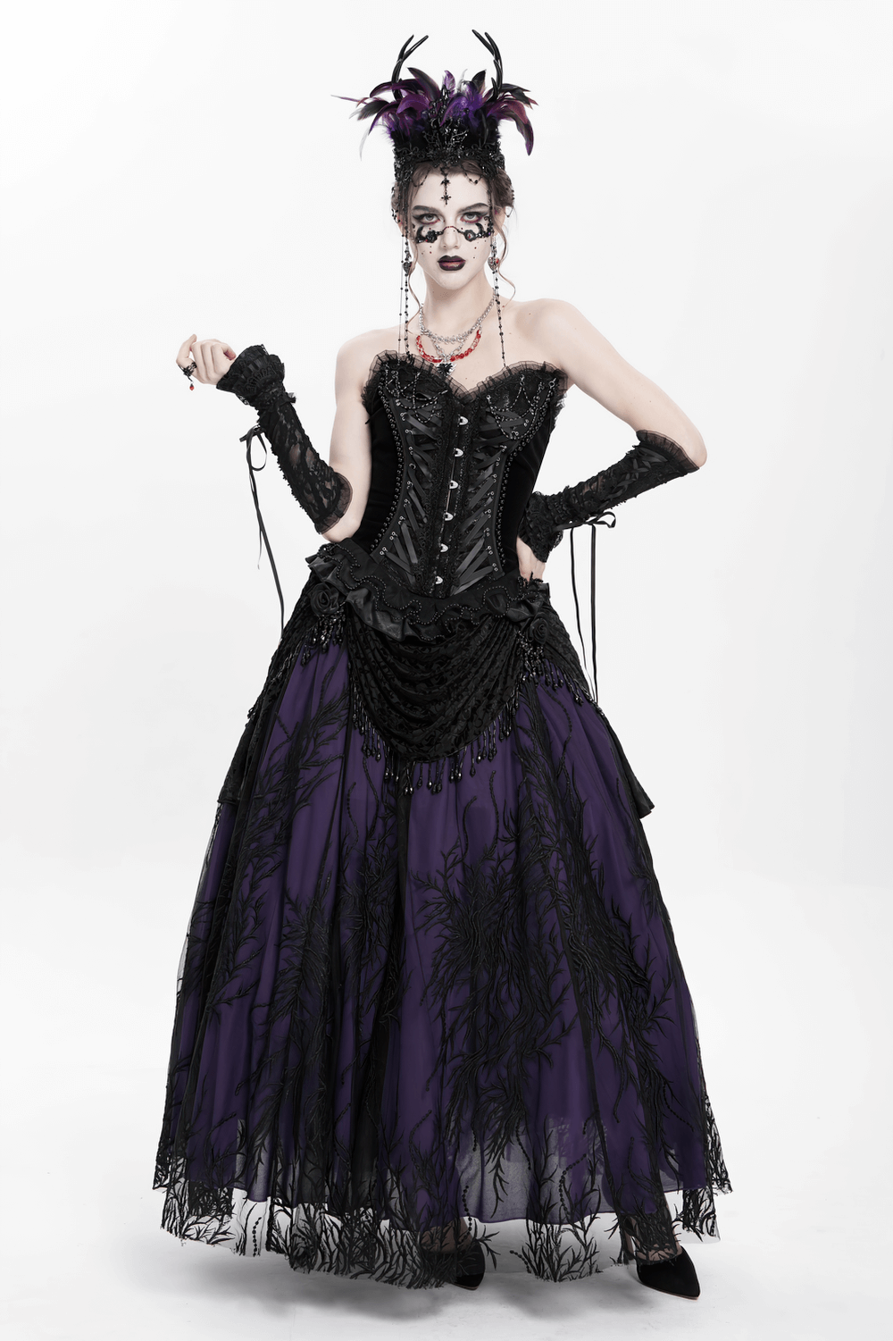 Gothic Feathered Headpiece with Chain and Cross Ornaments