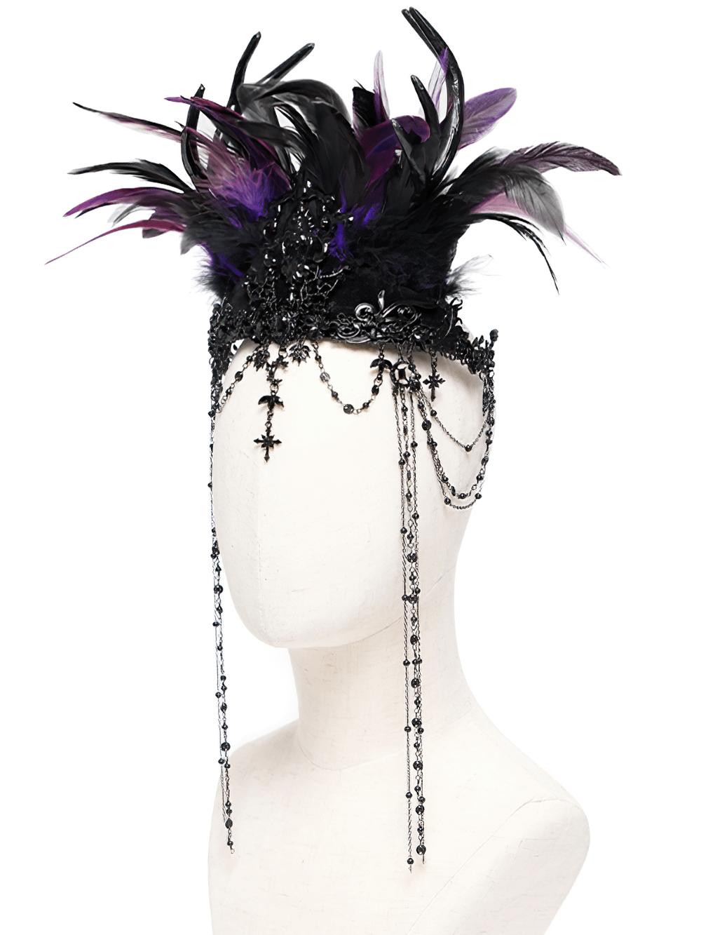 Gothic Feathered Headpiece with Chain and Cross Ornaments
