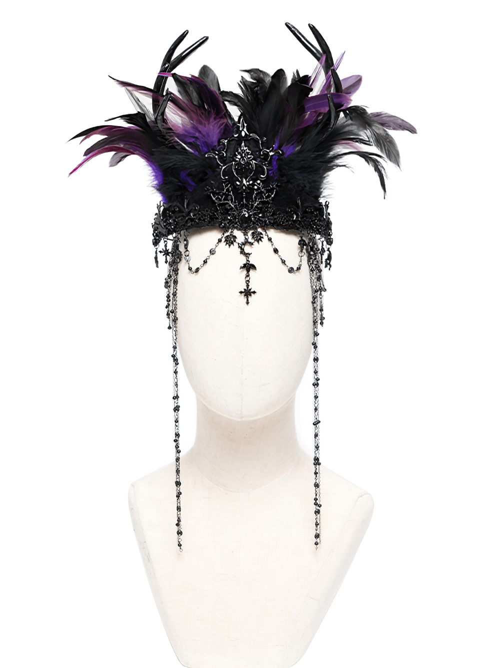 Gothic Feathered Headpiece with Chain and Cross Ornaments