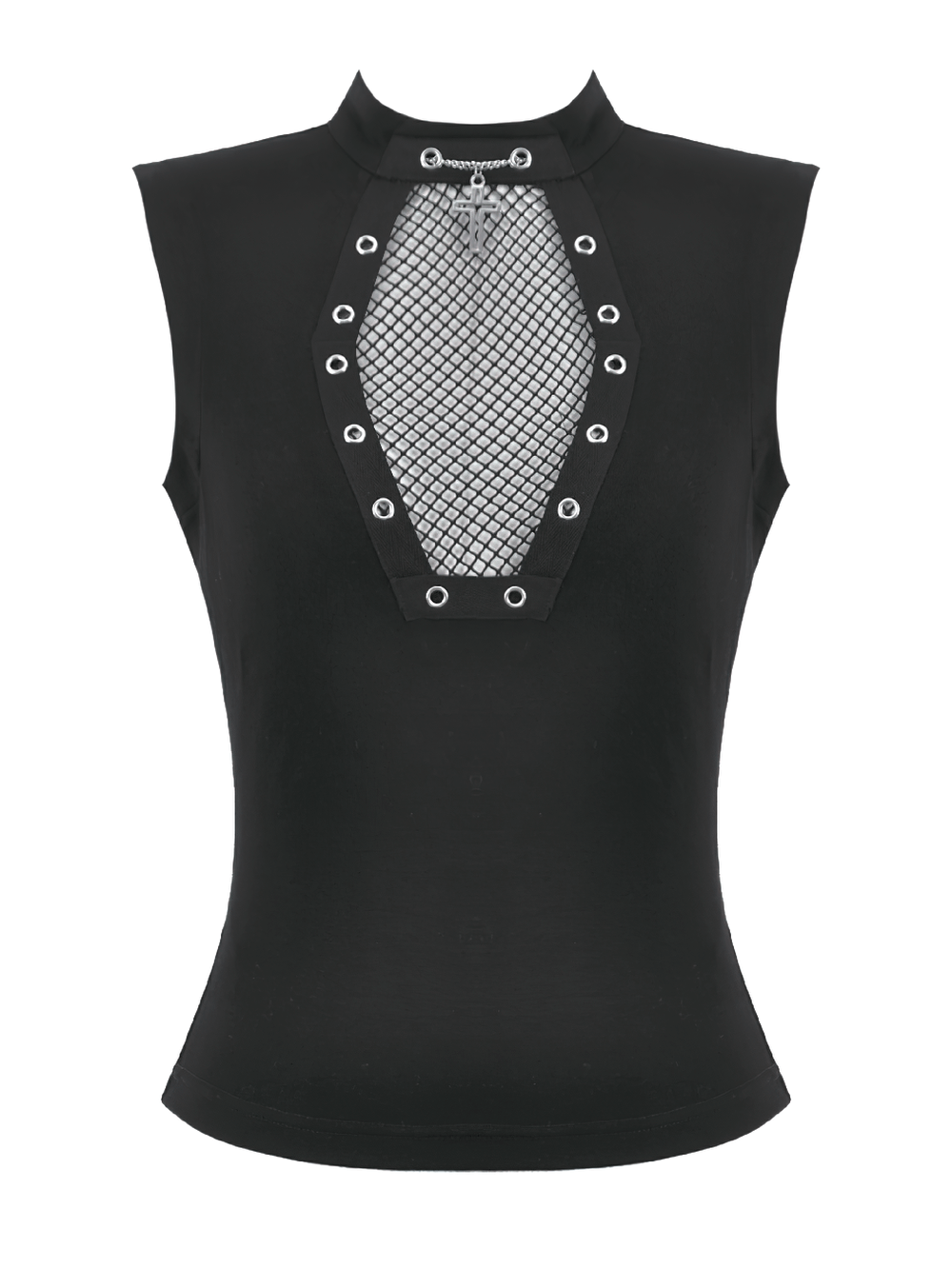 Gothic Fishnet Cutout Sleeveless Mock Neck Top