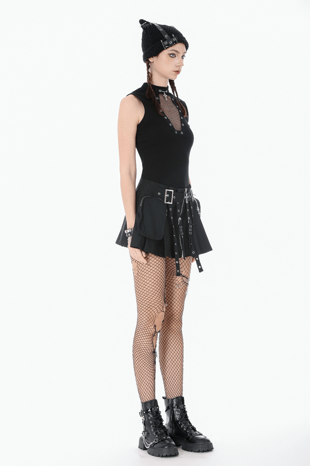 Gothic Fishnet Cutout Sleeveless Mock Neck Top