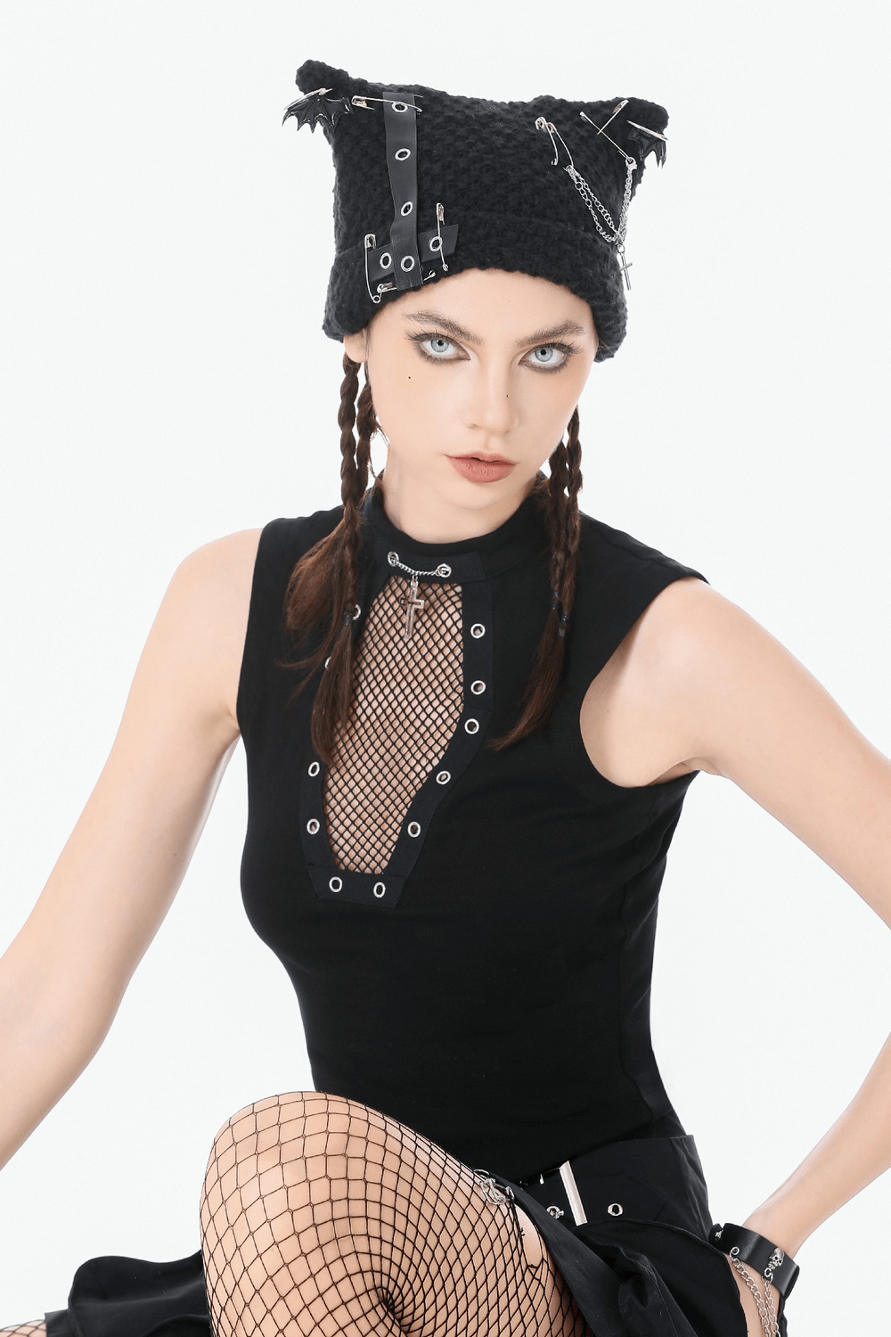 Gothic Fishnet Cutout Sleeveless Mock Neck Top