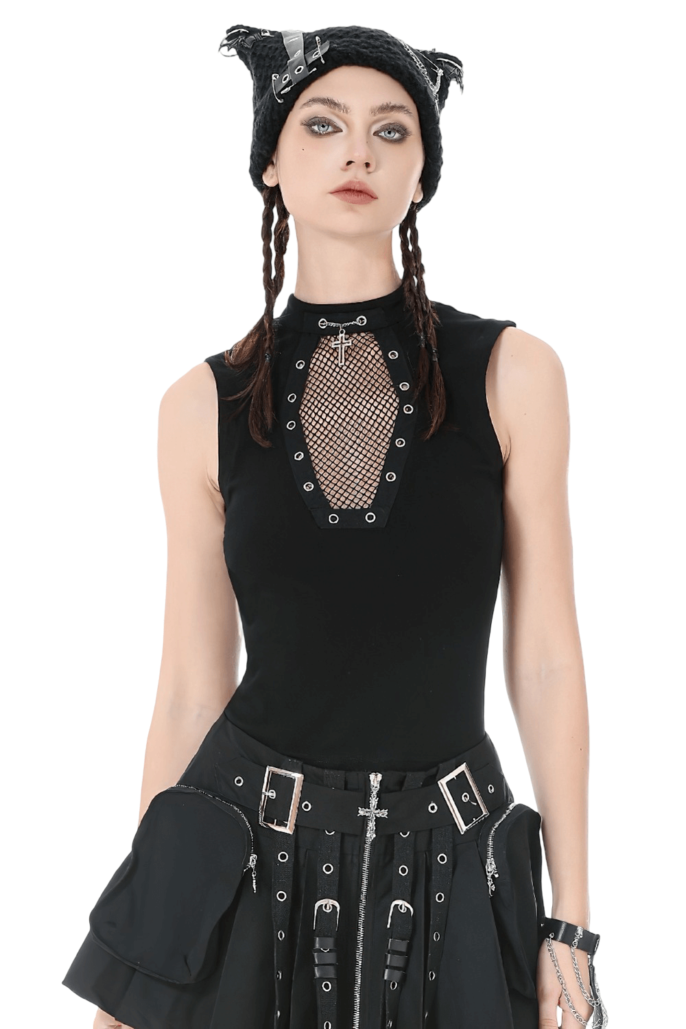 Gothic Fishnet Cutout Sleeveless Mock Neck Top