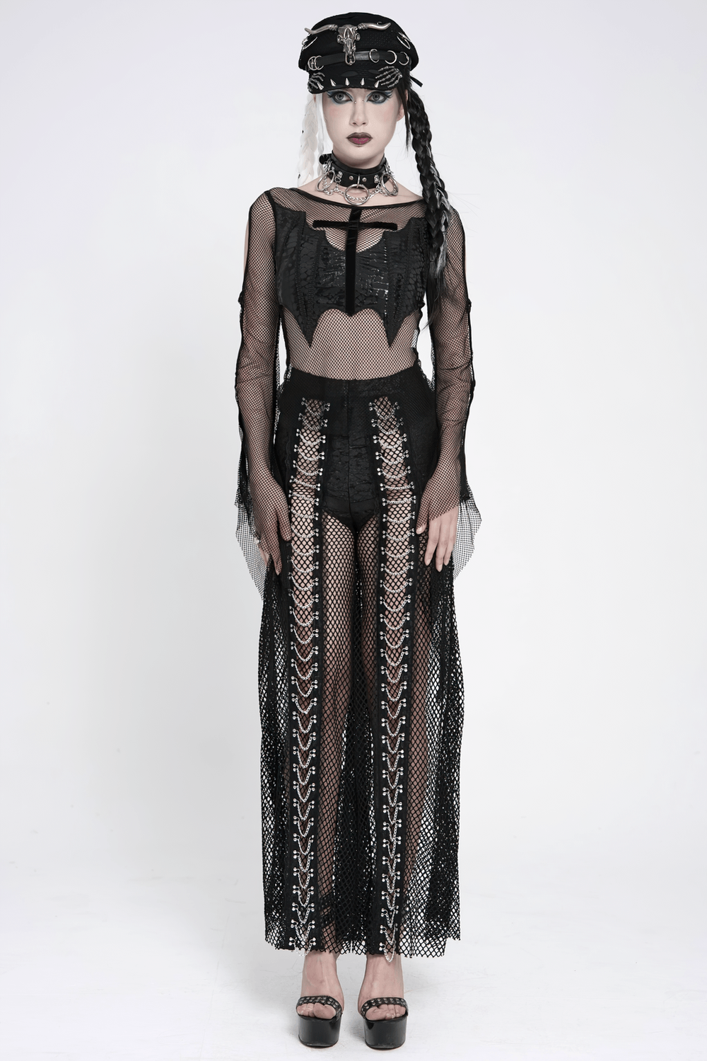 Gothic Fishnet Lace Up Flare Pants with Chains