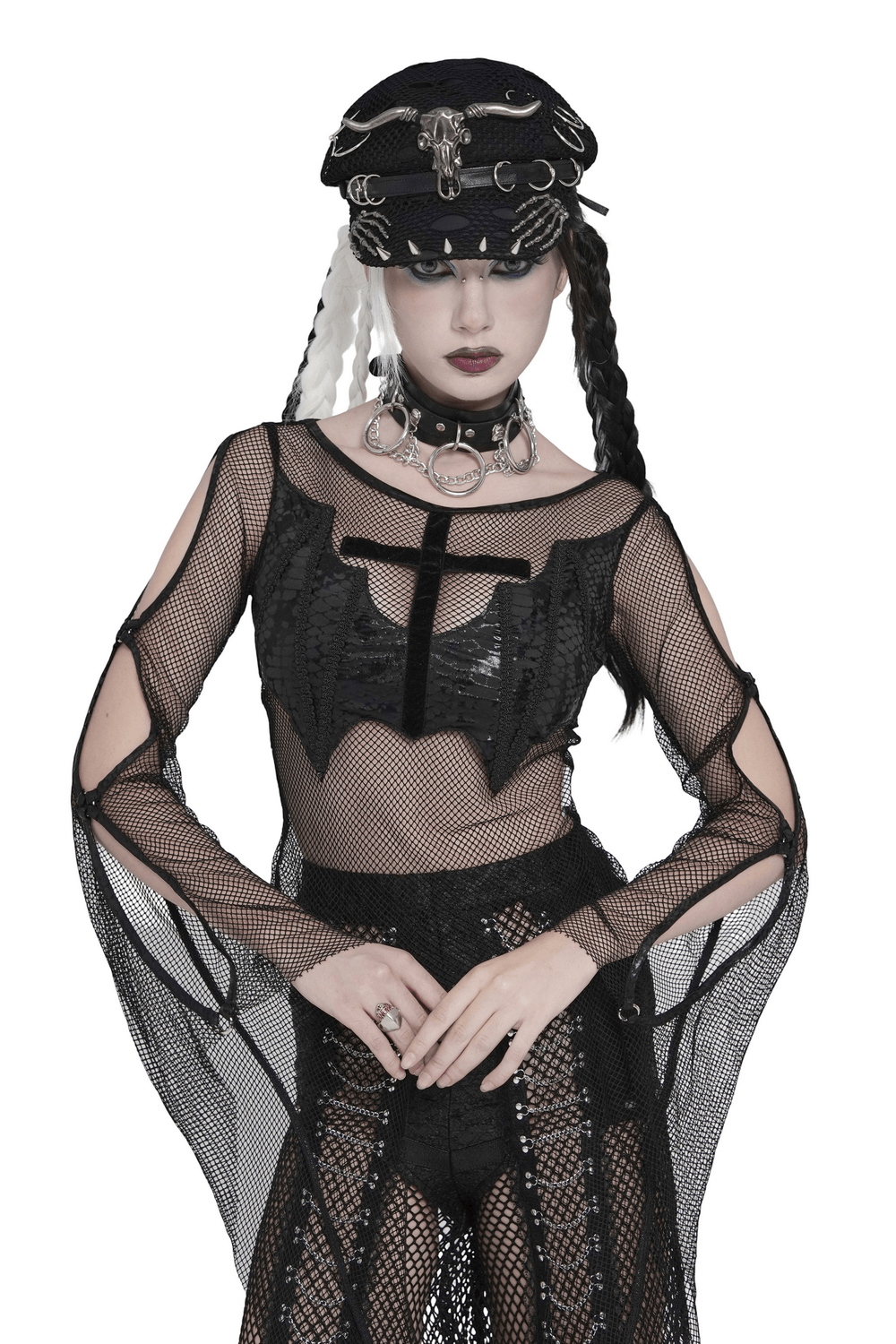 Gothic Fishnet Mesh Top with Bat Applique Sleeves for Women