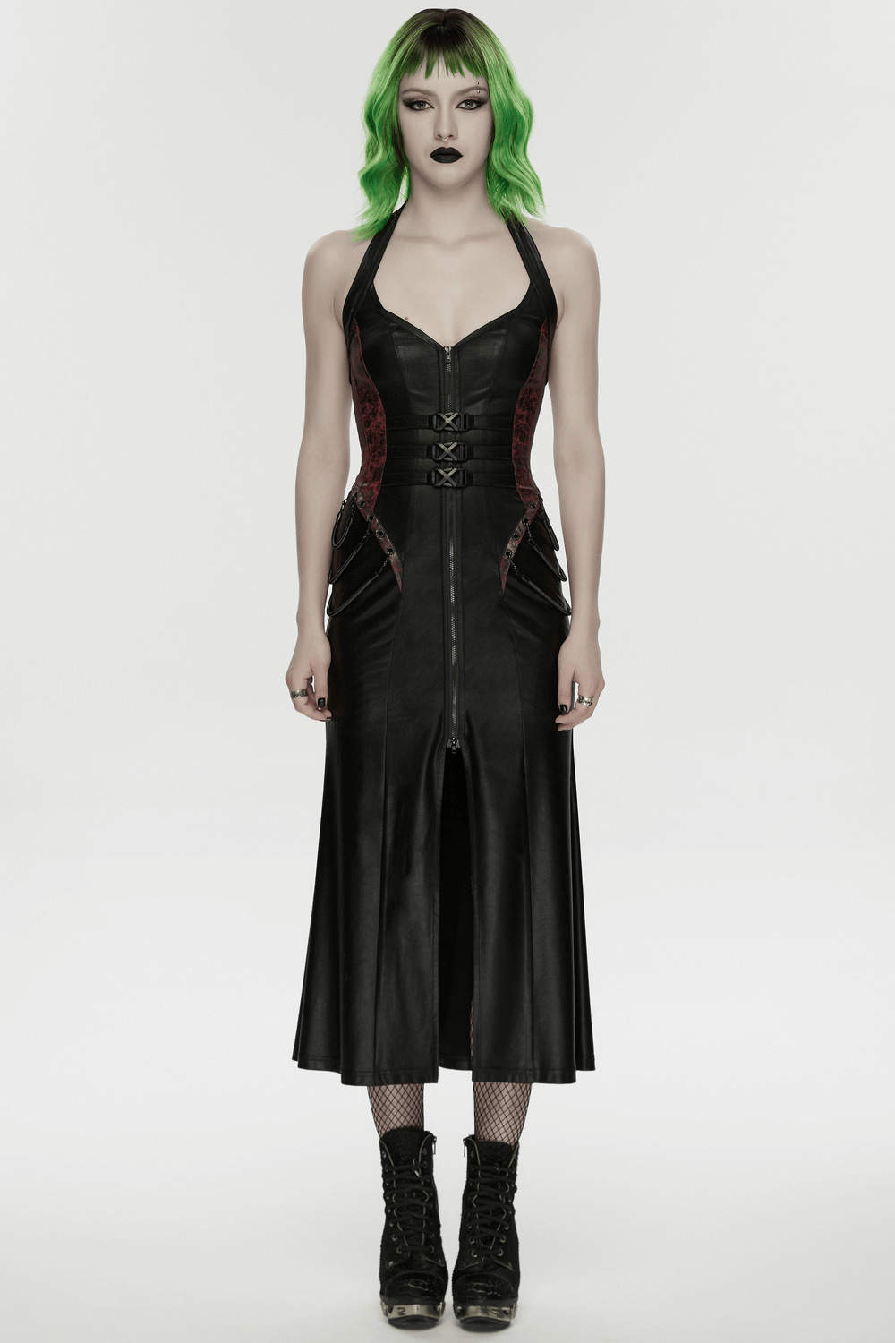 Gothic Halter Dress with Lace-Up Waist and Zipper Split
