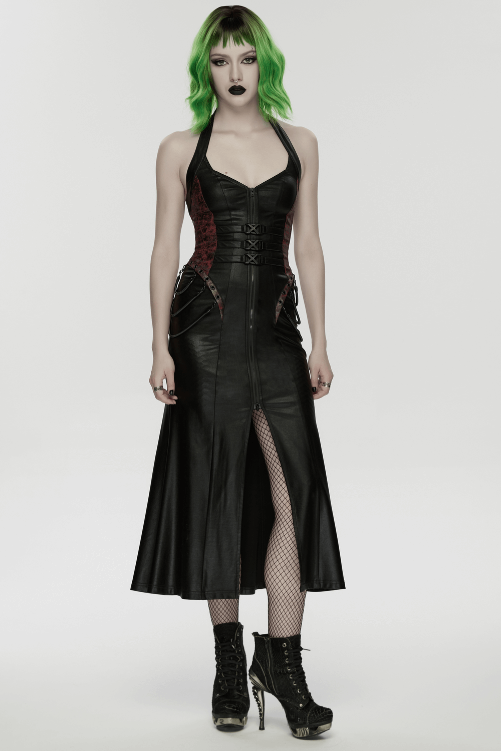 Gothic Halter Dress with Lace-Up Waist and Zipper Split