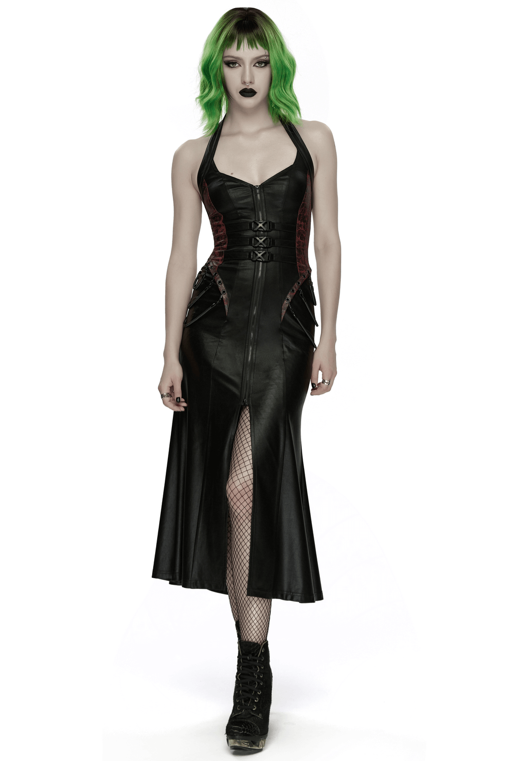 Gothic Halter Dress with Lace-Up Waist and Zipper Split
