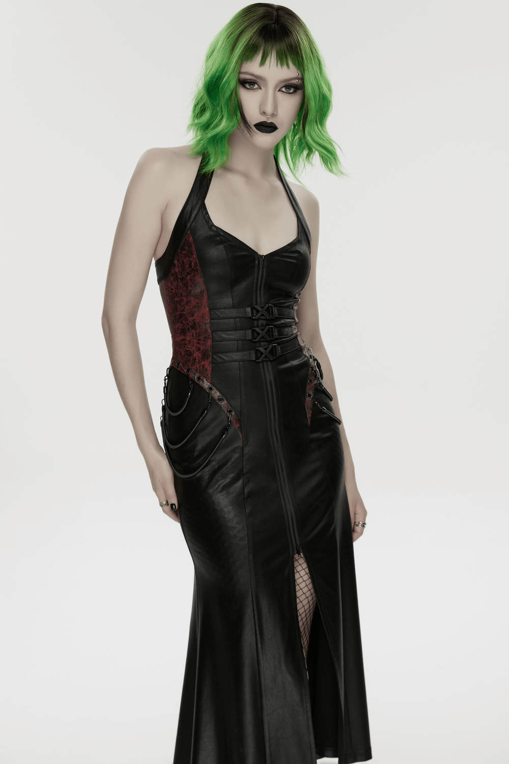 Gothic Halter Dress with Lace-Up Waist and Zipper Split