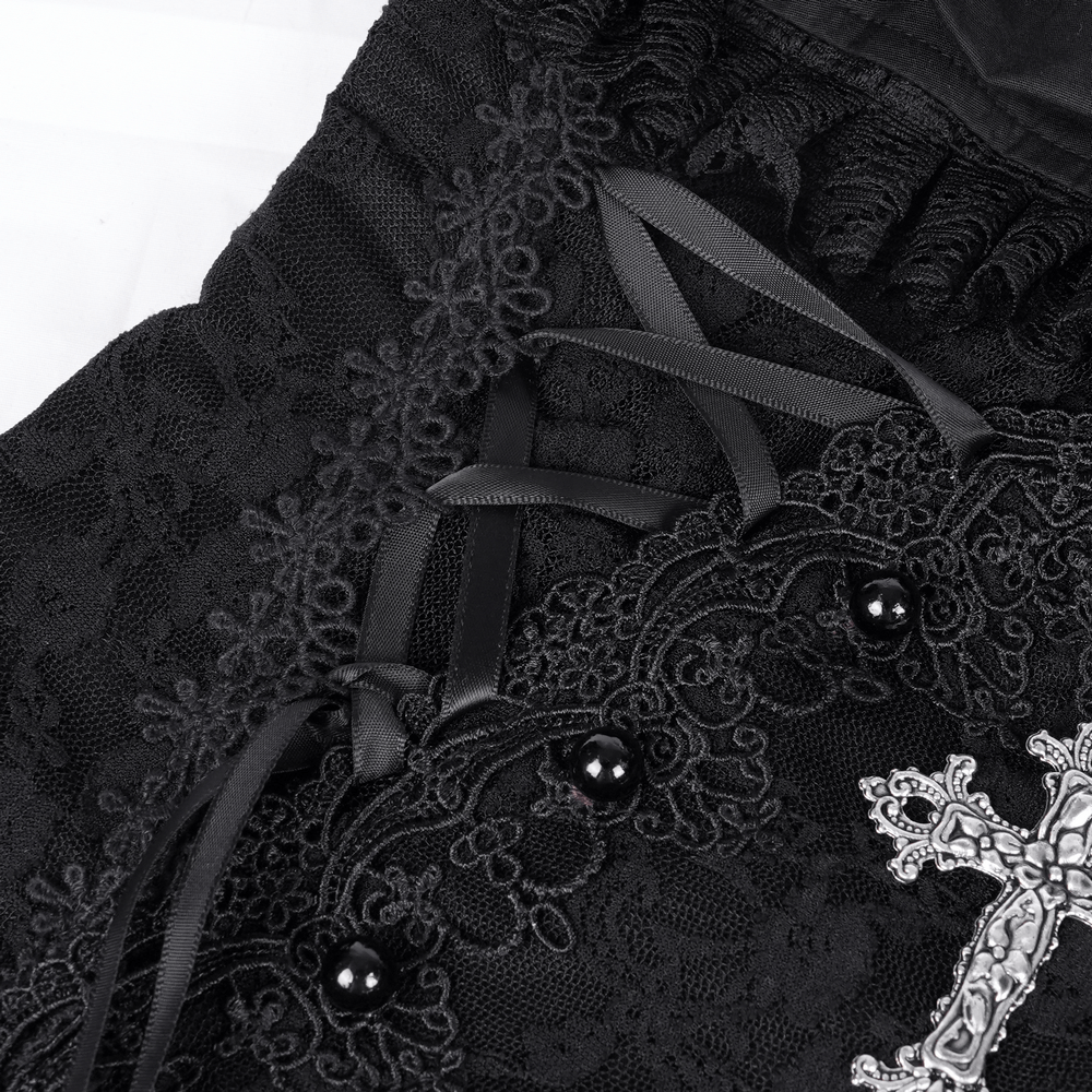 US SALE of Gothic Halter Lace Mini Dress with Cross and Tapes