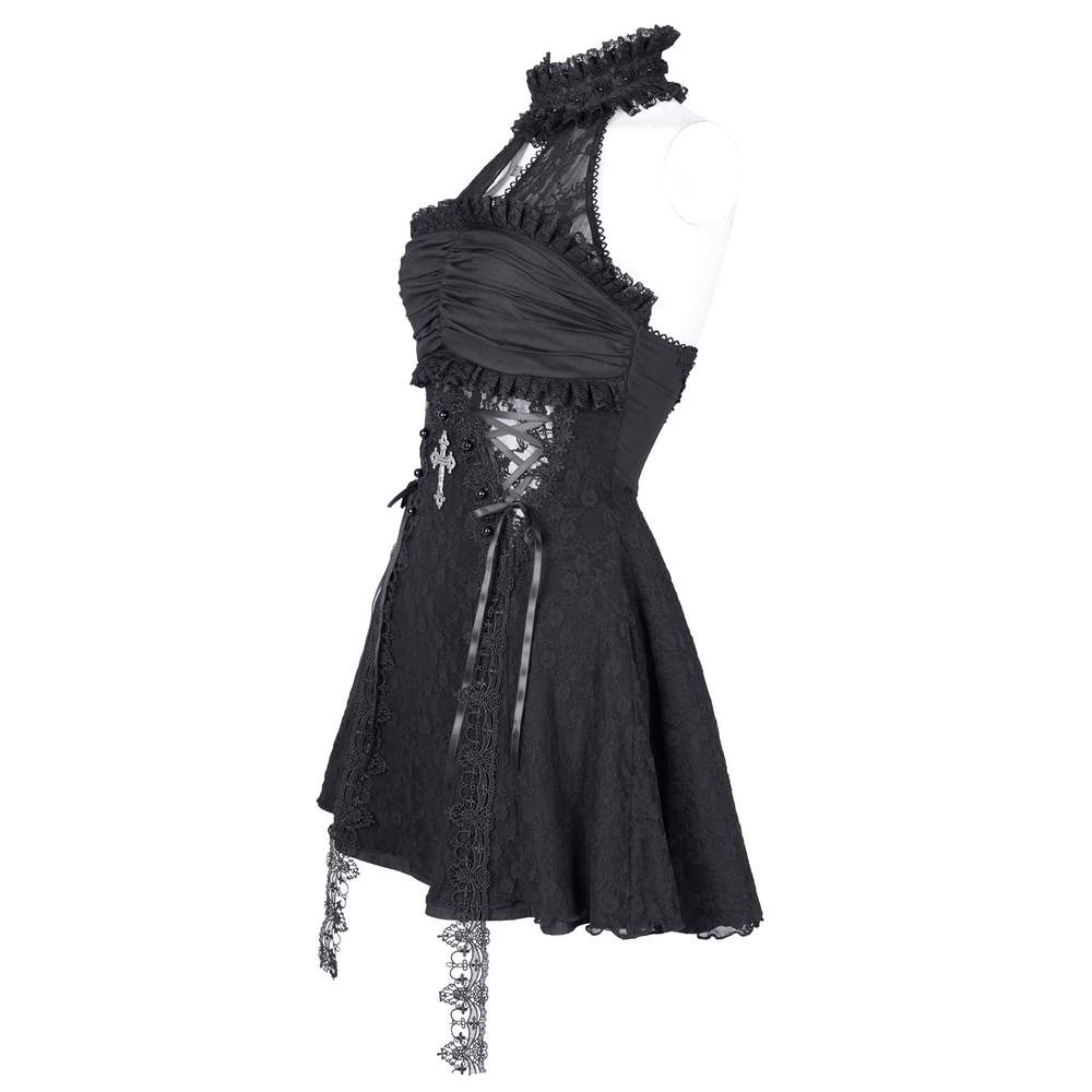 US SALE of Gothic Halter Lace Mini Dress with Cross and Tapes