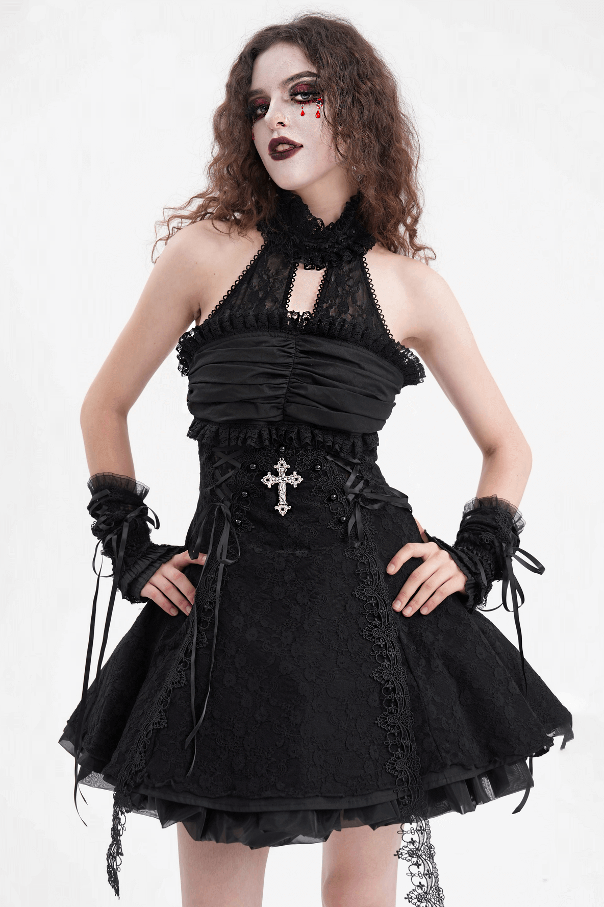 US SALE of Gothic Halter Lace Mini Dress with Cross and Tapes