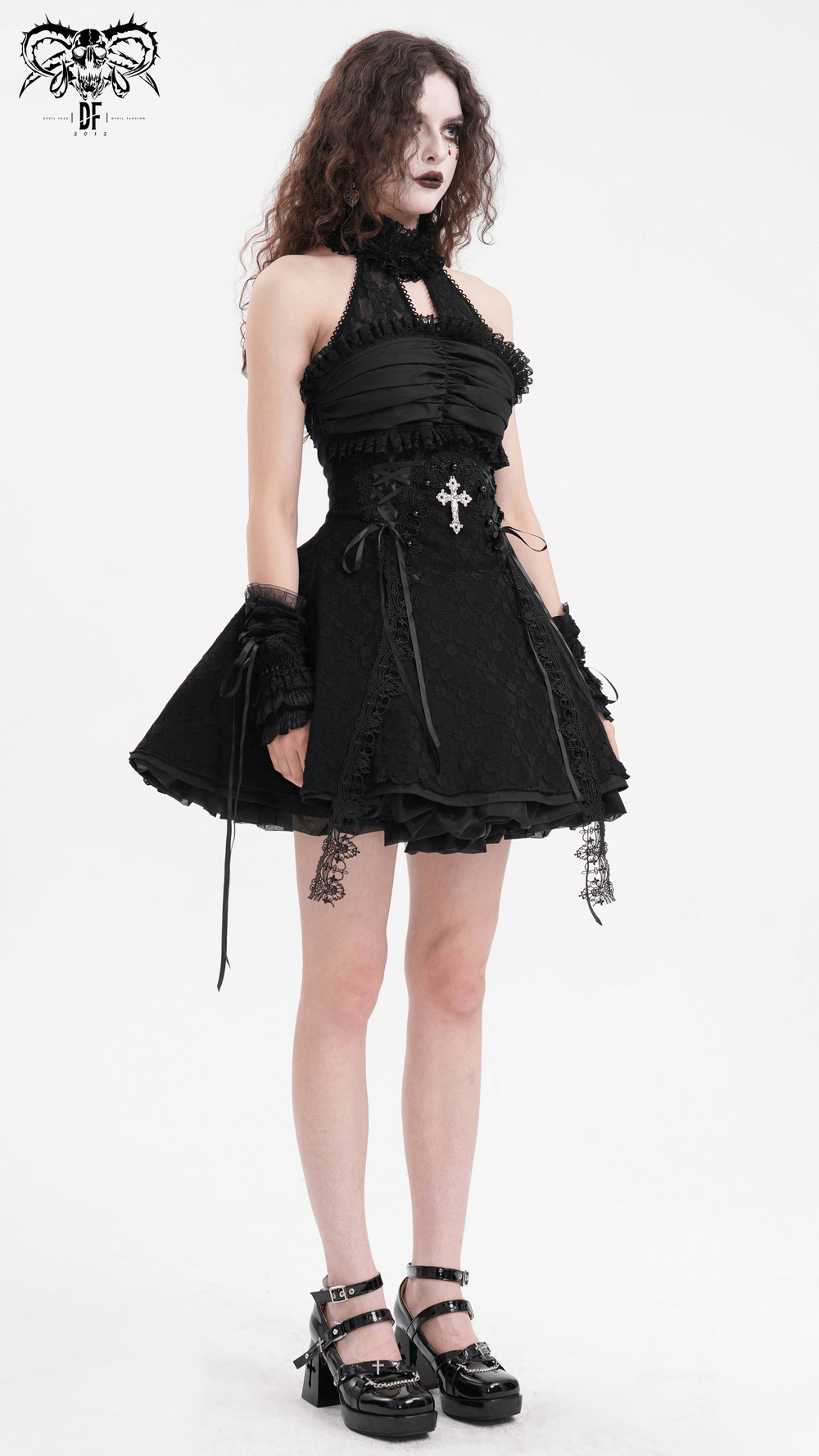 US SALE of Gothic Halter Lace Mini Dress with Cross and Tapes