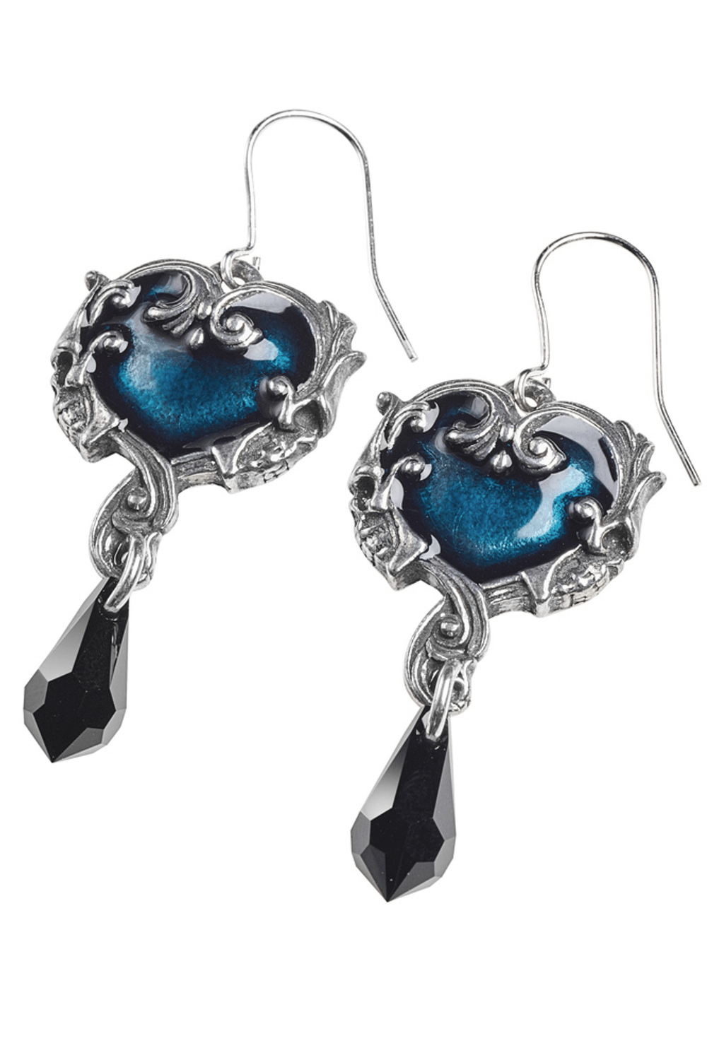 Gothic Heart and Skull Drop Earrings with Black Crystal