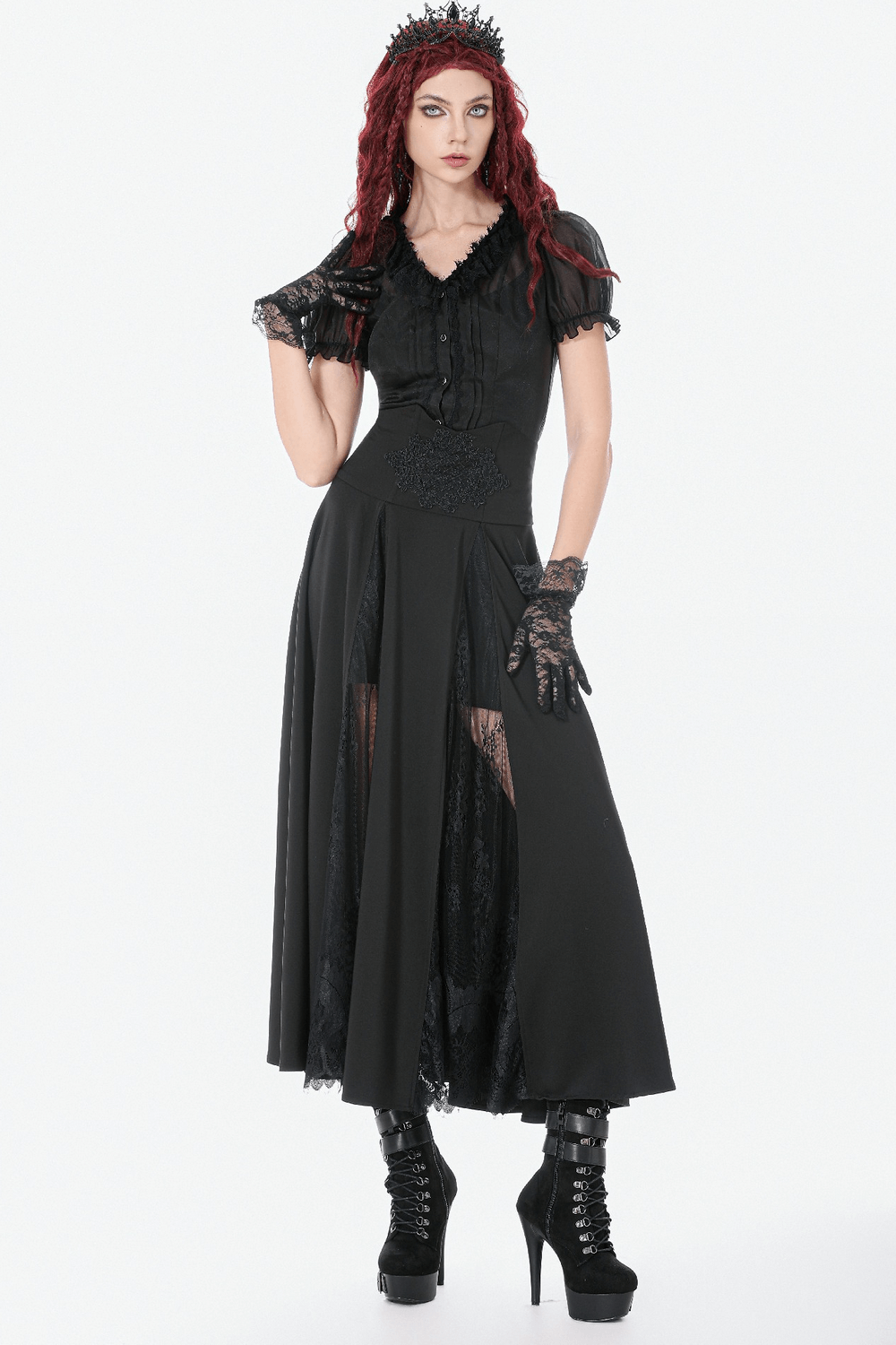 Gothic High Waist Maxi Skirt with Lace Panels