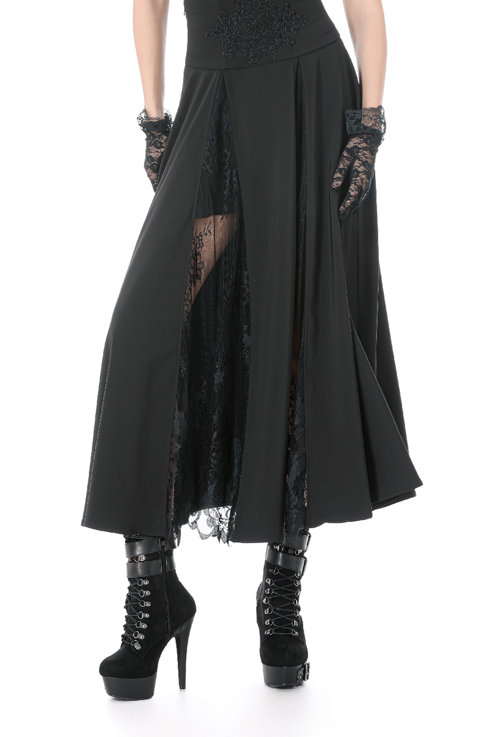 Gothic High Waist Maxi Skirt with Lace Panels