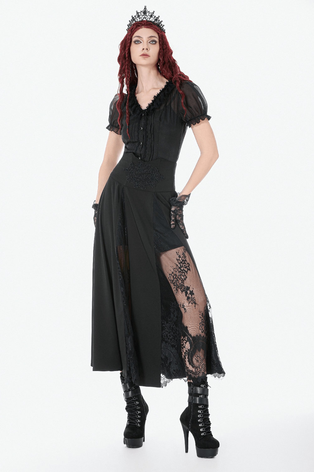 Gothic High Waist Maxi Skirt with Lace Panels