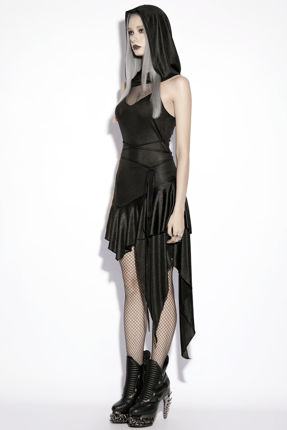 Gothic Hooded Asymmetric Mesh Dress for Women