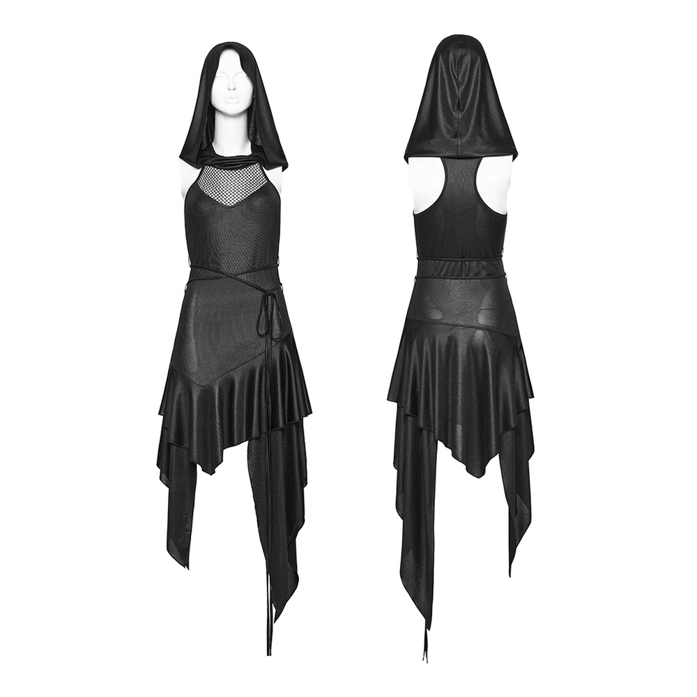 Gothic Hooded Asymmetric Mesh Dress for Women