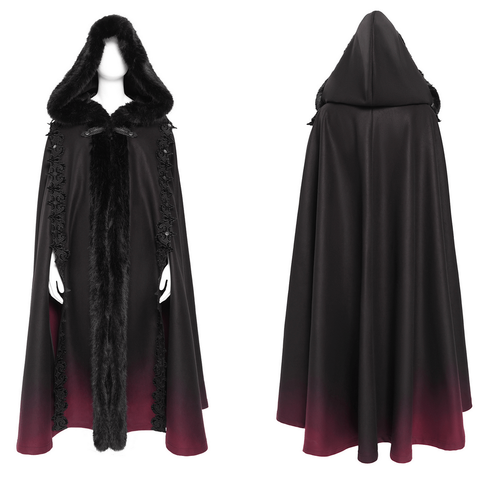 Gothic Hooded Cloak with Fur Trim and Ombre Hem