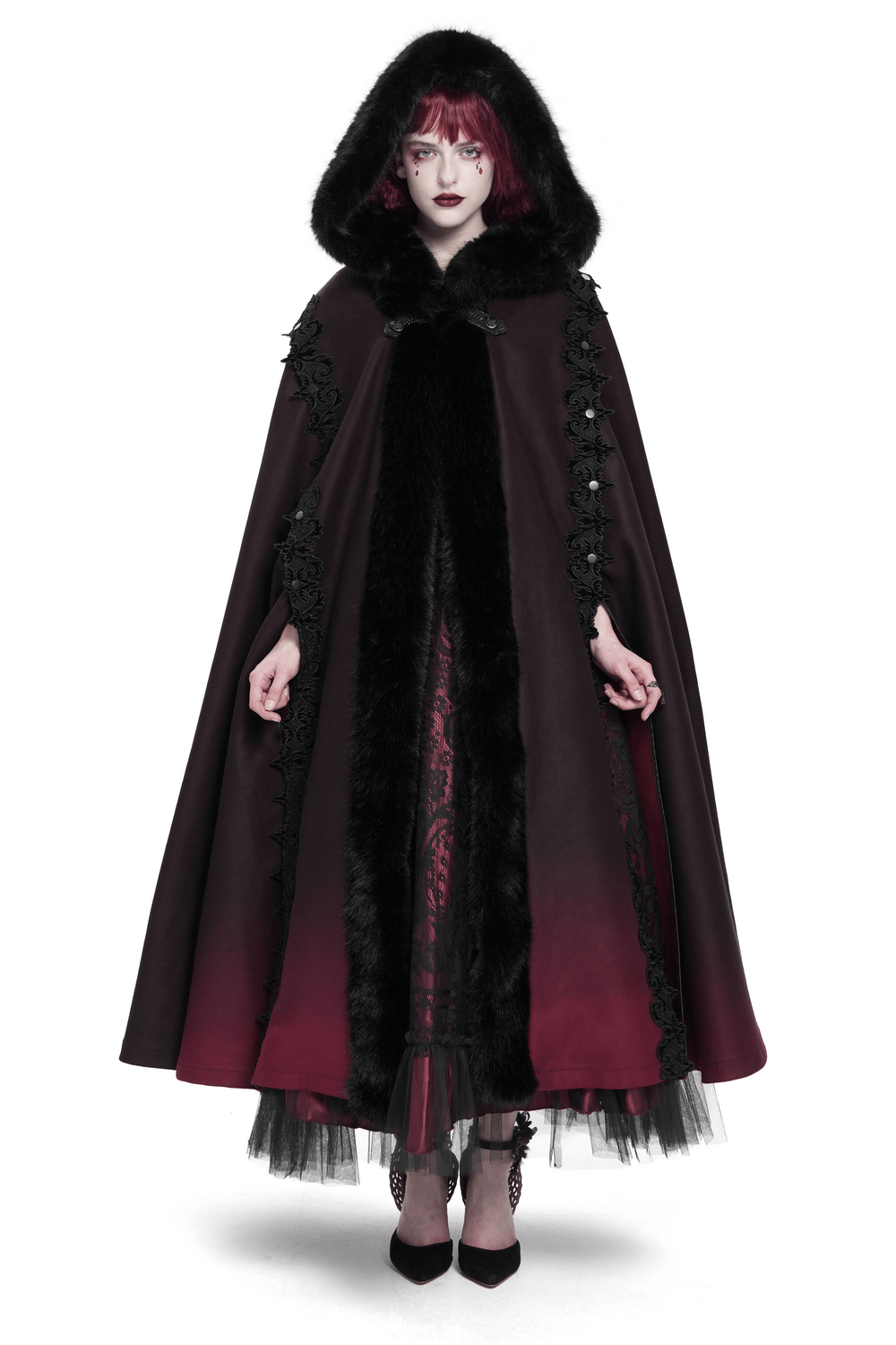 Gothic Hooded Cloak with Fur Trim and Ombre Hem