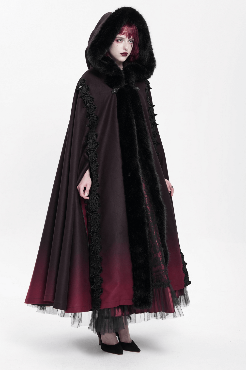 Gothic Hooded Cloak with Fur Trim and Ombre Hem
