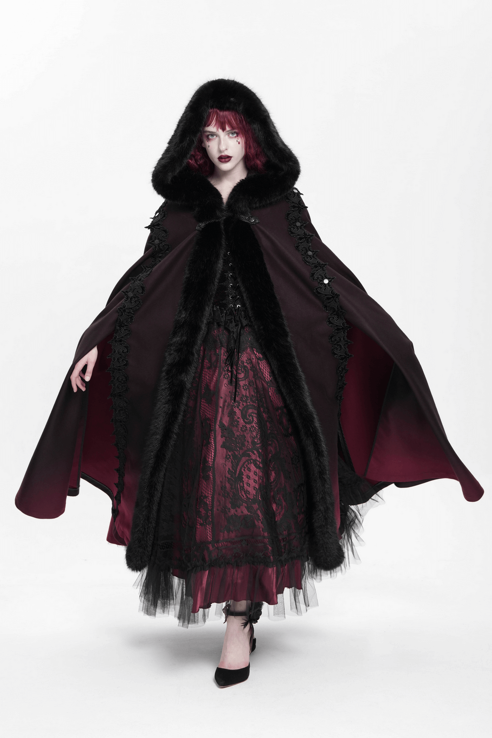 Gothic Hooded Cloak with Fur Trim and Ombre Hem