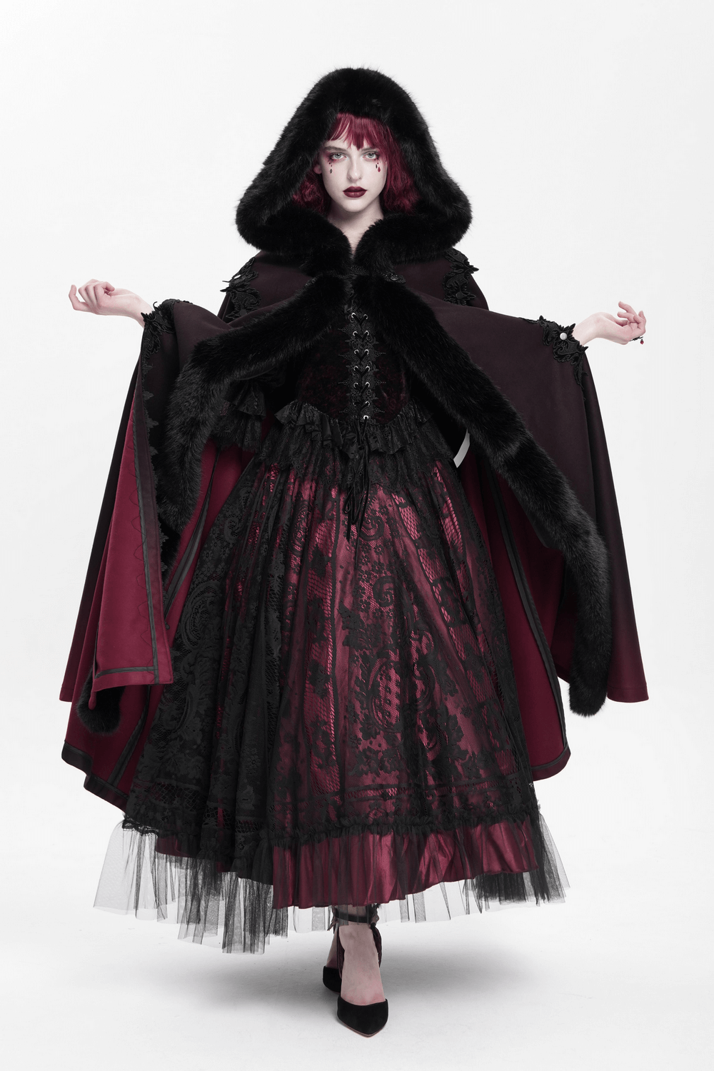 Gothic Hooded Cloak with Fur Trim and Ombre Hem