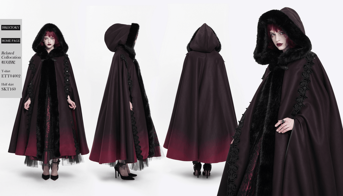 Gothic Hooded Cloak with Fur Trim and Ombre Hem