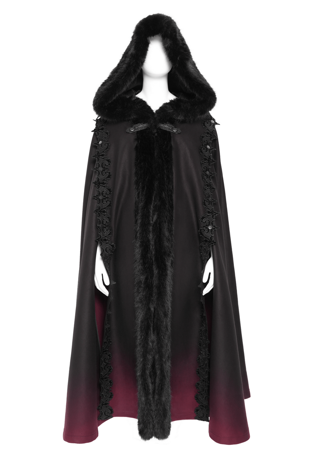 Gothic Hooded Cloak with Fur Trim and Ombre Hem
