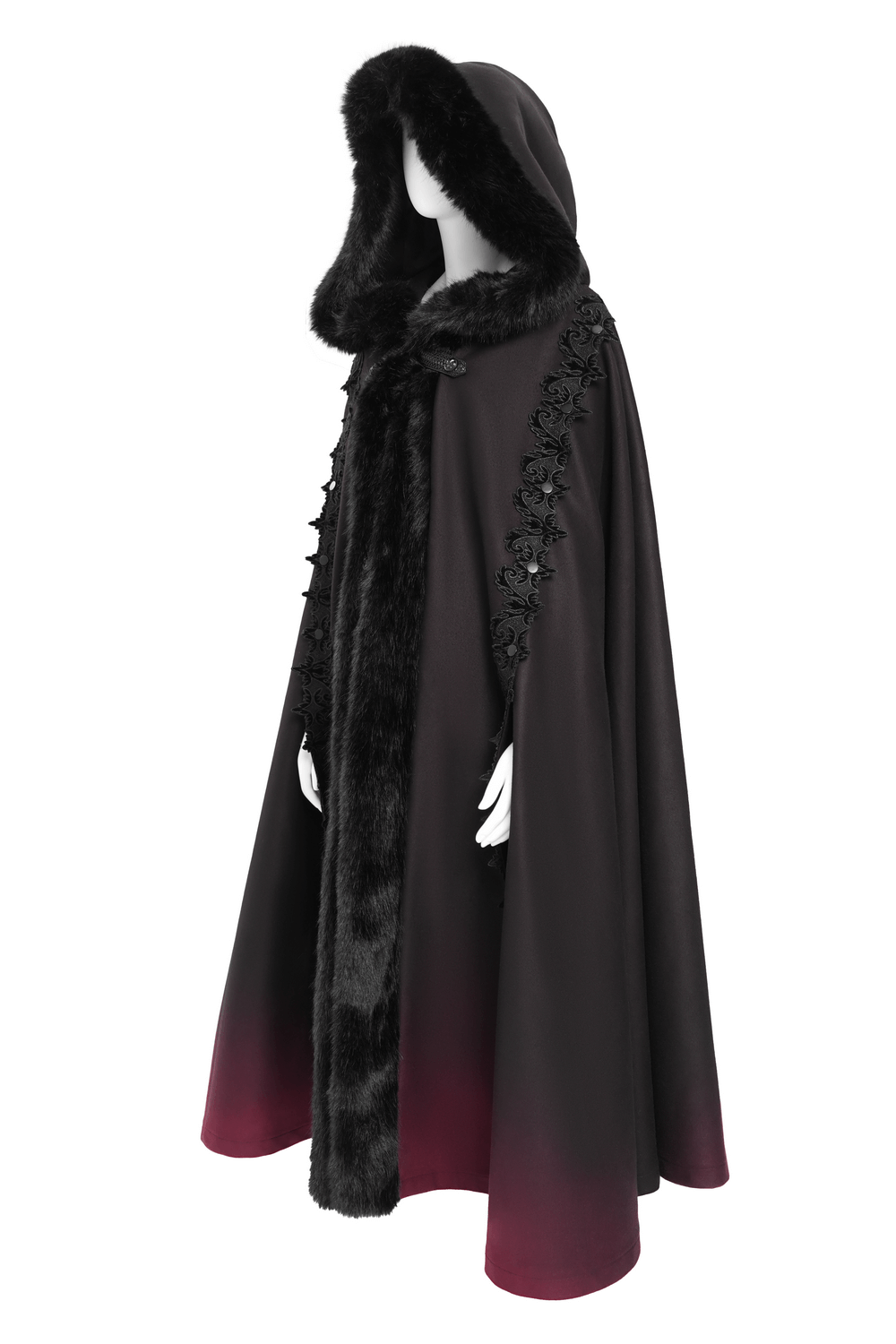 Gothic Hooded Cloak with Fur Trim and Ombre Hem