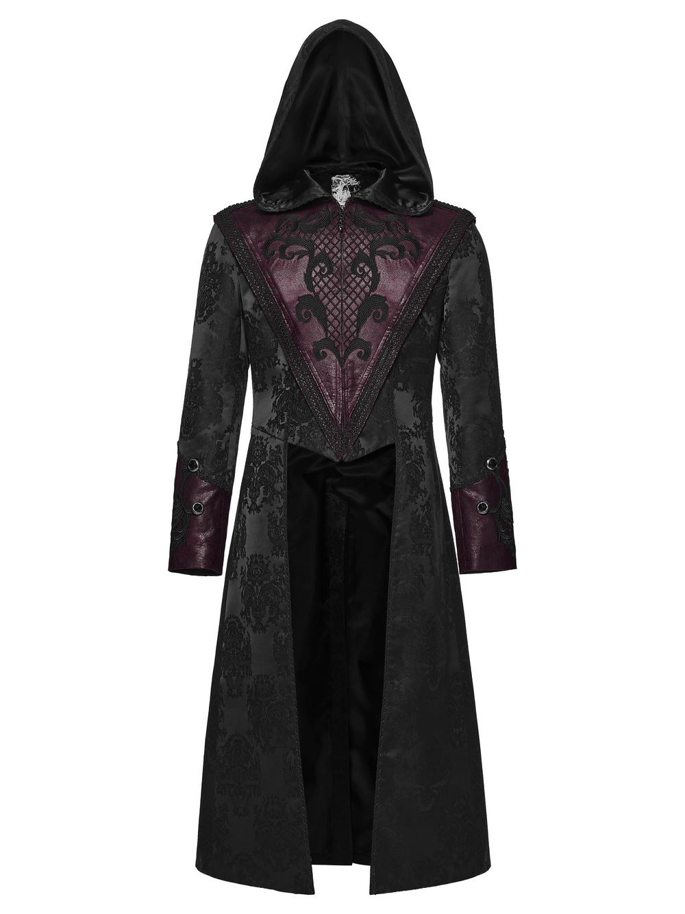 Gothic Hooded Jacquard Long Coat with Leather Trim