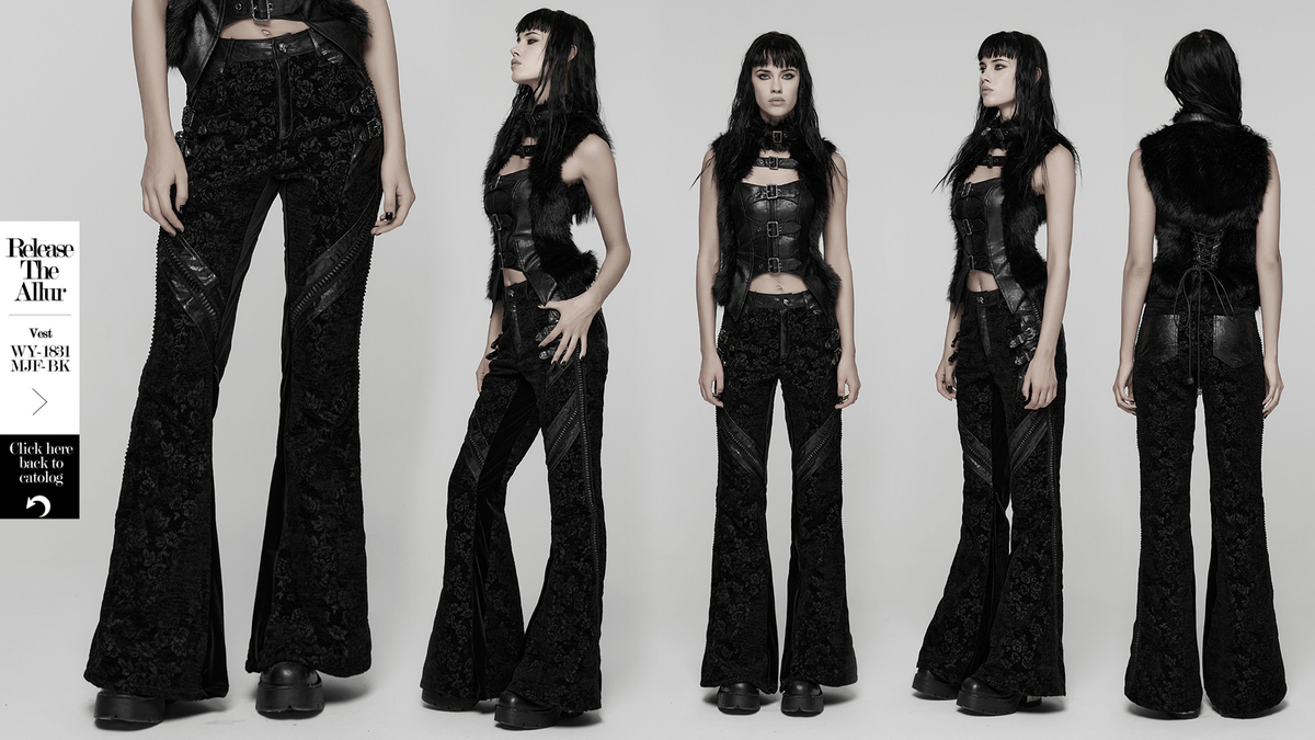Gothic Jacquard Flared Pants with Faux Leather Details