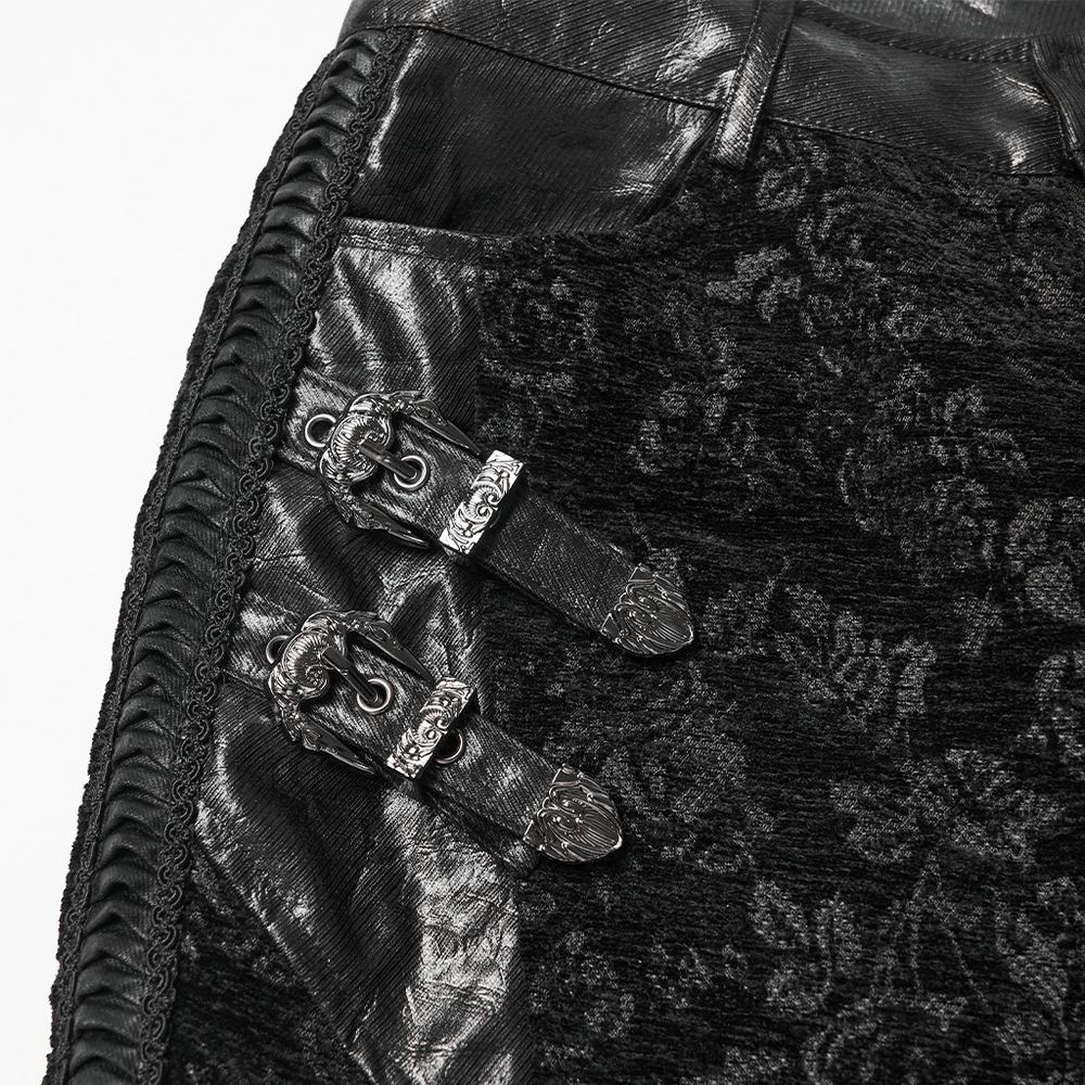 Gothic Jacquard Flared Pants with Faux Leather Details