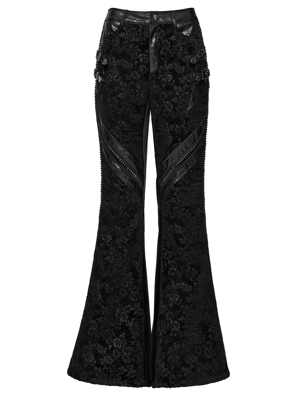 Gothic Jacquard Flared Pants with Faux Leather Details