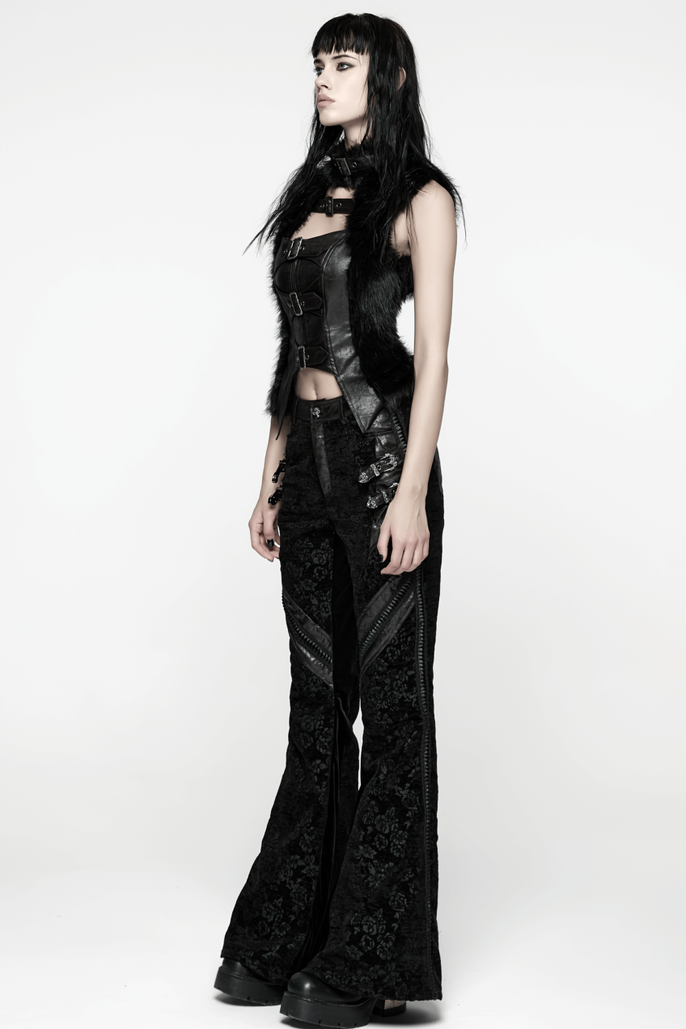 Gothic Jacquard Flared Pants with Faux Leather Details