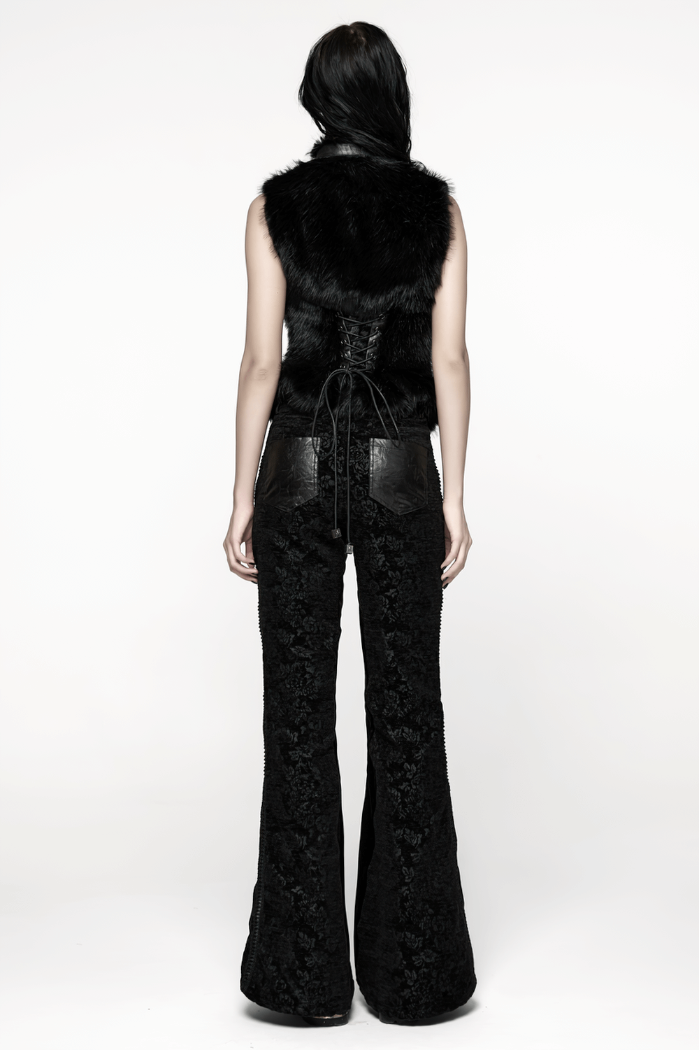 Gothic Jacquard Flared Pants with Faux Leather Details