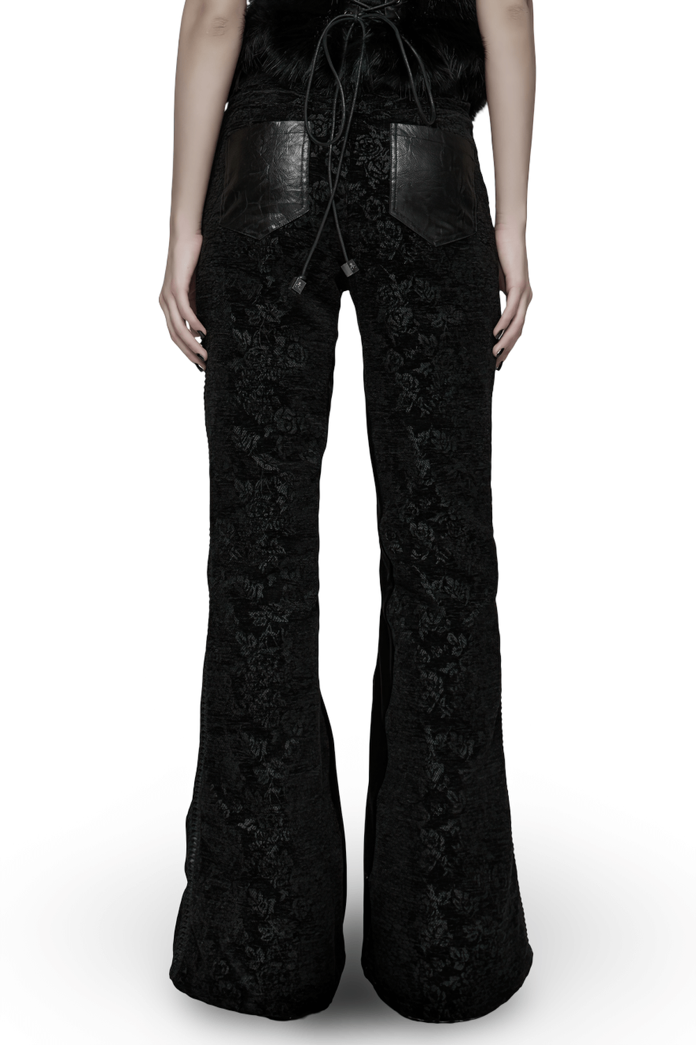 Gothic Jacquard Flared Pants with Faux Leather Details