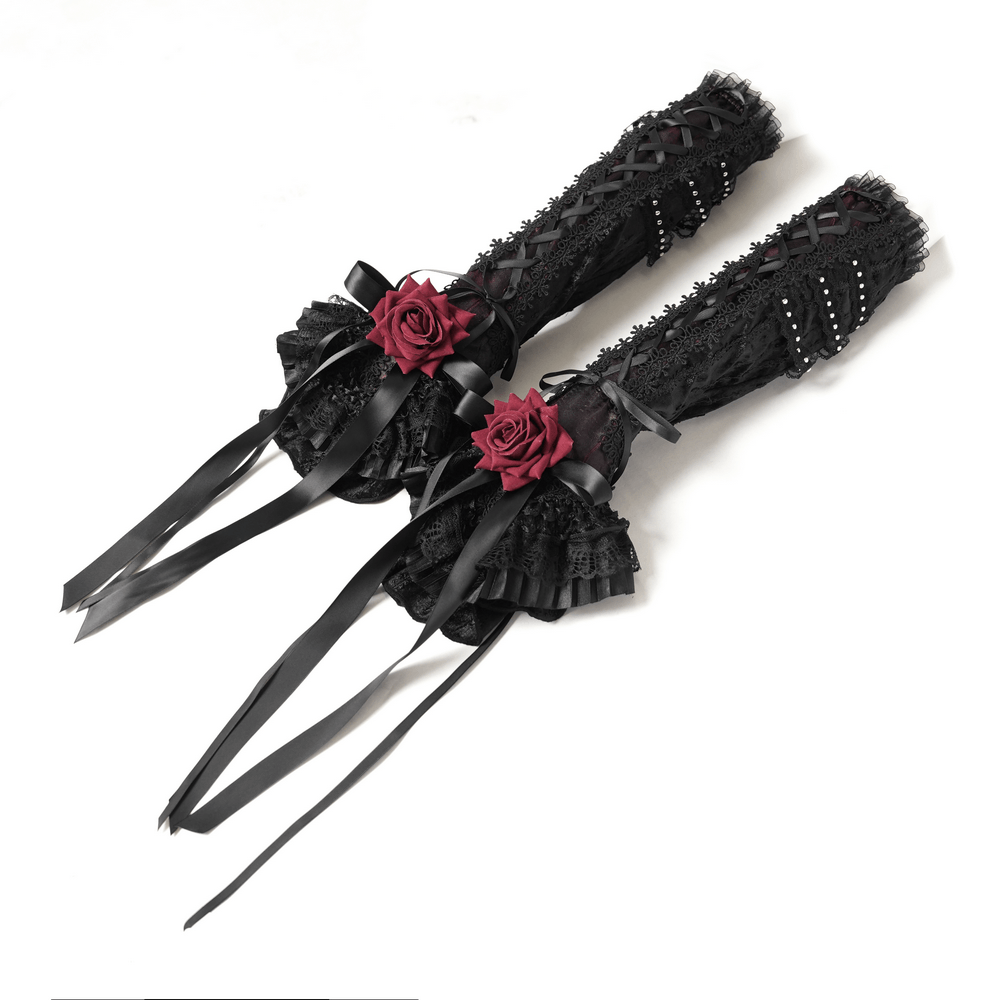 Gothic Lace Arm Warmers with Rose and Ribbon Details