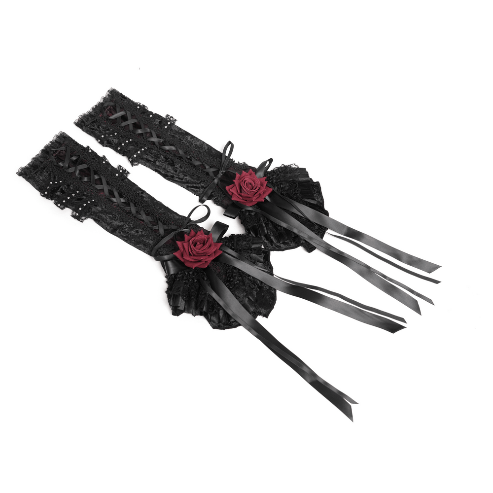 Gothic Lace Arm Warmers with Rose and Ribbon Details