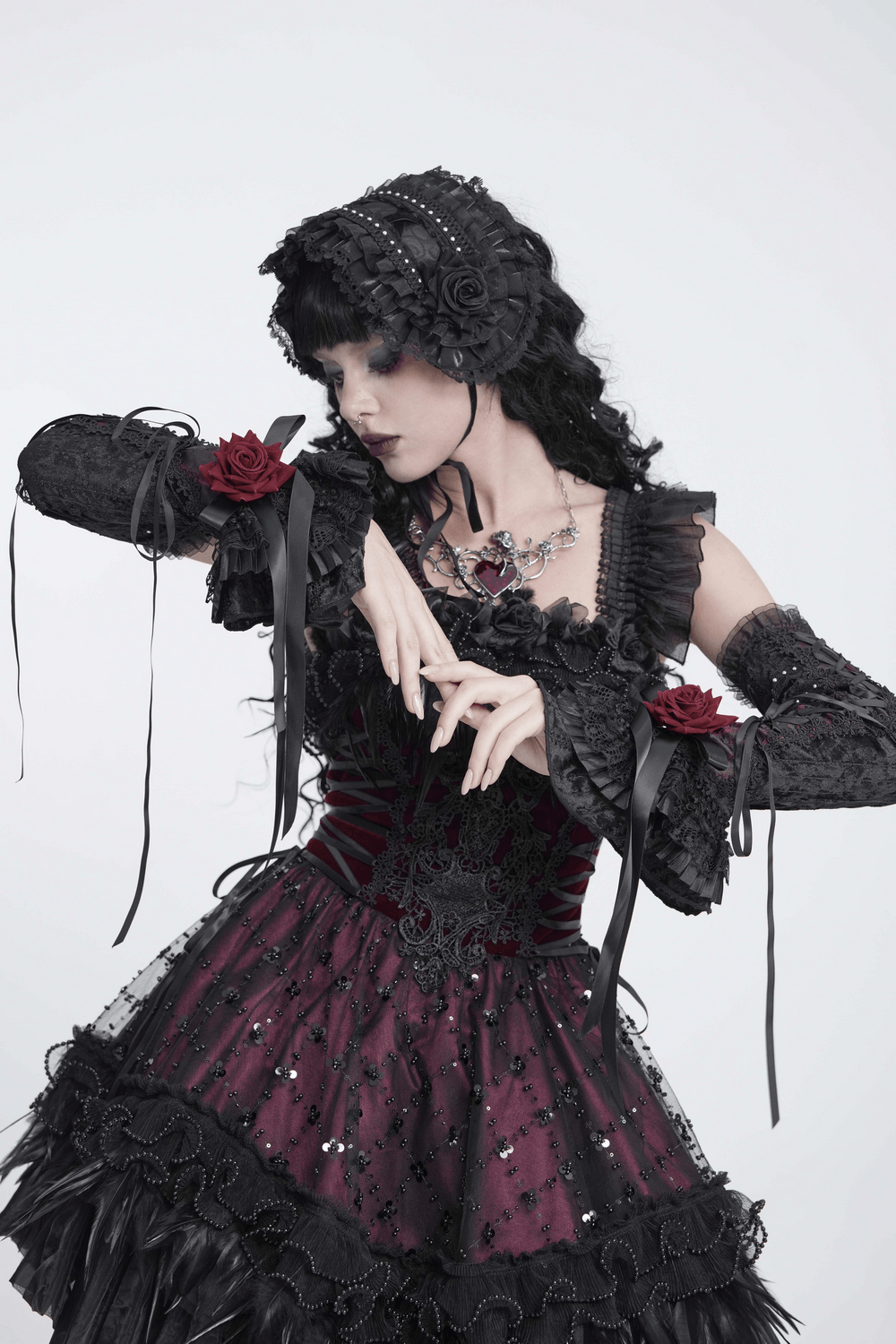 Gothic Lace Arm Warmers with Rose and Ribbon Details