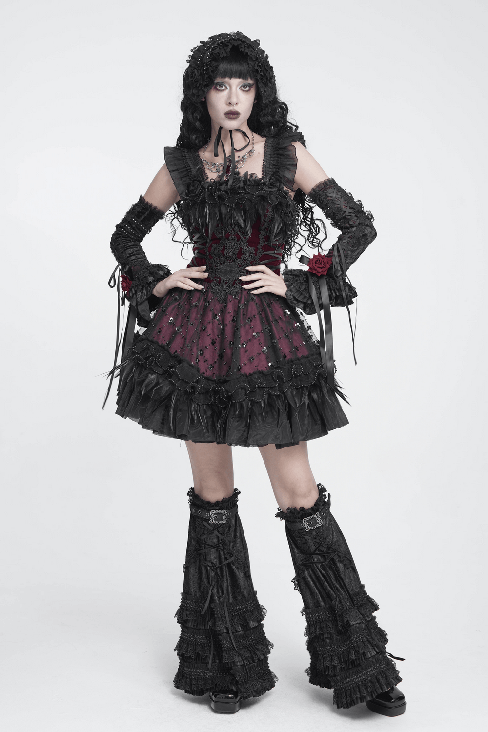 Gothic Lace Arm Warmers with Rose and Ribbon Details