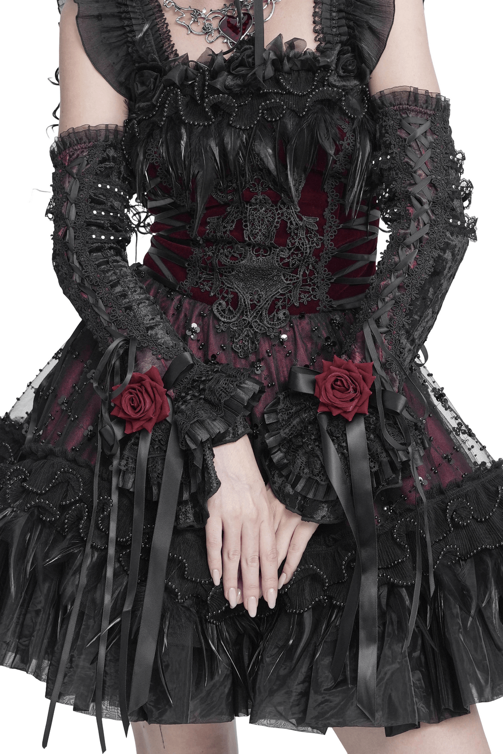 Gothic Lace Arm Warmers with Rose and Ribbon Details