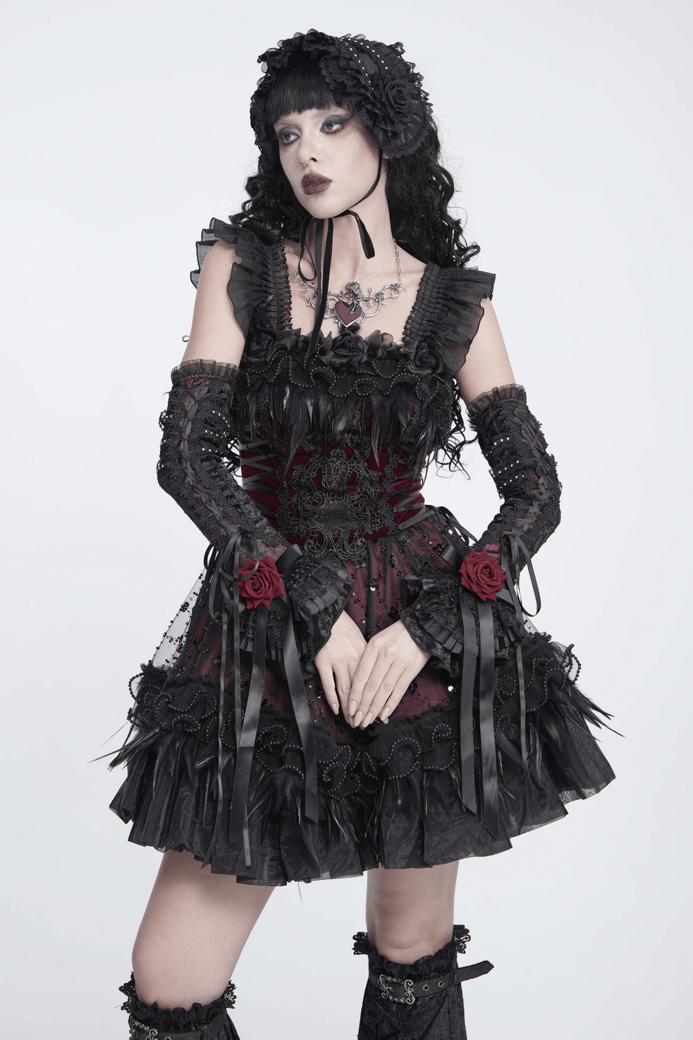 Gothic Lace Arm Warmers with Rose and Ribbon Details