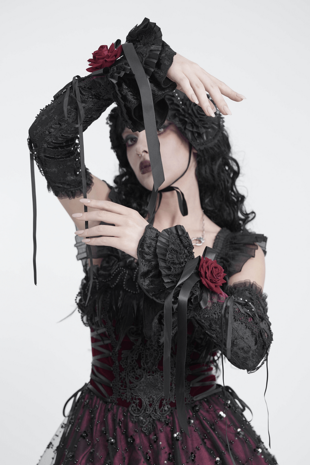 Gothic Lace Arm Warmers with Rose and Ribbon Details