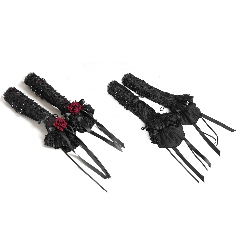 Gothic Lace Arm Warmers with Rose and Ribbon Details