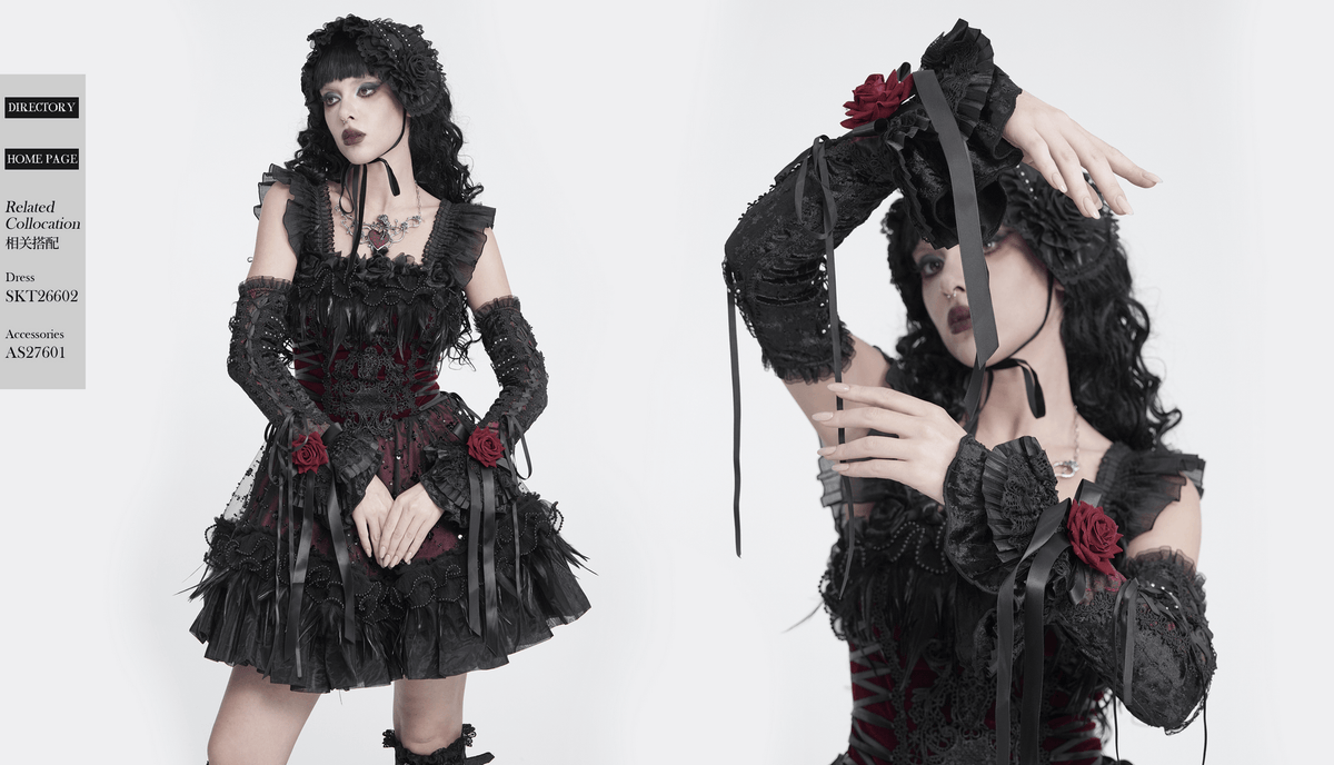 Gothic Lace Arm Warmers with Rose and Ribbon Details