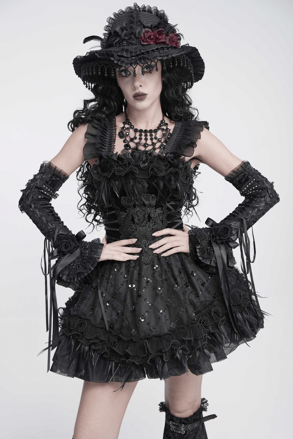 Gothic Lace Arm Warmers with Roses and Ribbons