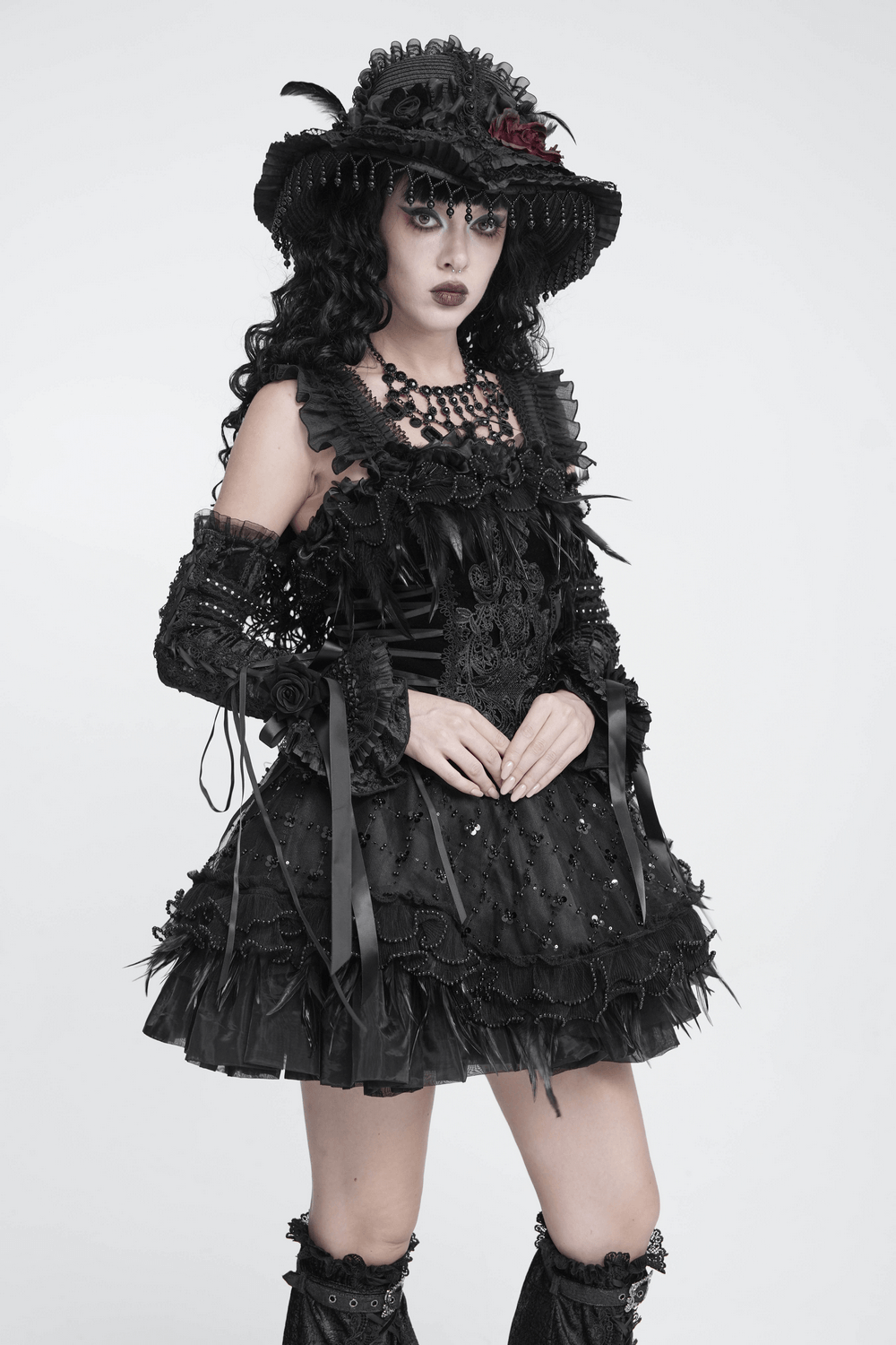 Gothic Lace Arm Warmers with Roses and Ribbons